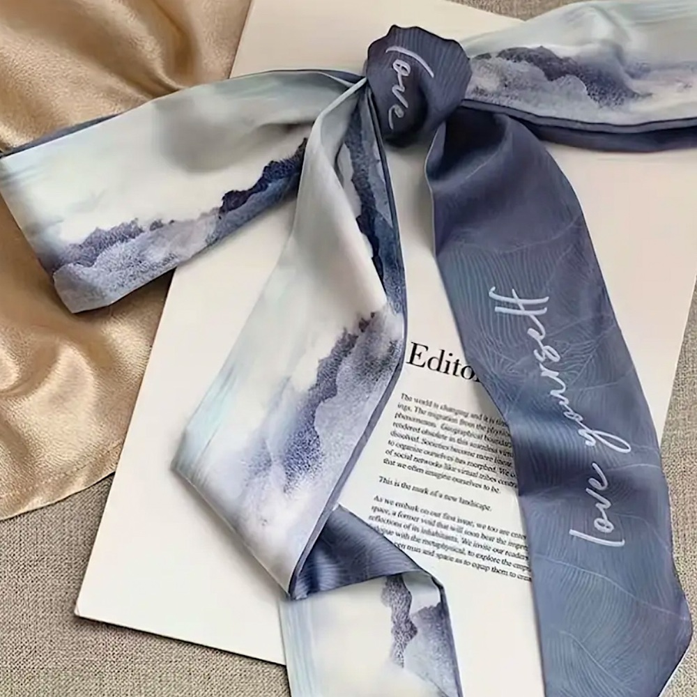 Blue & White Painted Landscape Silky Neck & Hair Bow Twilly Scarf